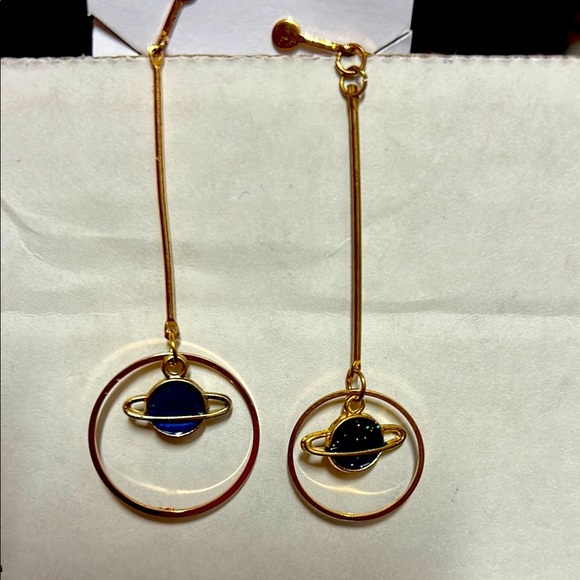 Asymmetrical Gold and Blue Planet Screw Back Earrings - Picture 1 of 3